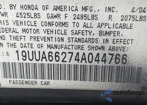 2004 Acura Tl Base W/Nav System (A5) из США, поврежденный, VIN 19UUA66274A044766